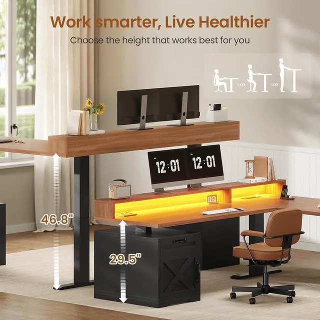 Alt view image 3 of 7 - Farmhouse L Shaped Standing Desk, 70.1" x 73.2" Height Adjustable Home Office Executive Desk with Drawers, Power Outlet, Monitor Stand, Sit Stand Table with Led Lights for Home Office, Black