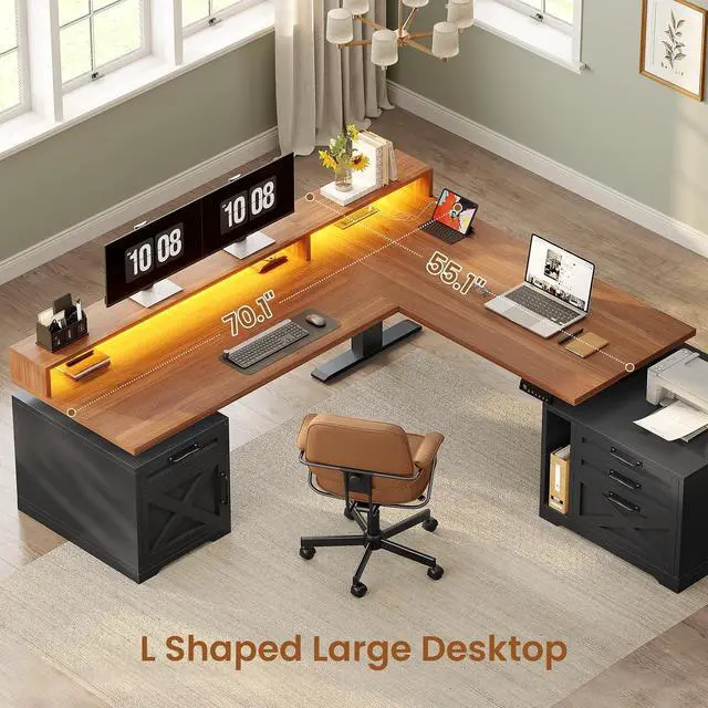 Alt view image 5 of 7 - Farmhouse L Shaped Standing Desk, 70.1" x 73.2" Height Adjustable Home Office Executive Desk with Drawers, Power Outlet, Monitor Stand, Sit Stand Table with Led Lights for Home Office, Black