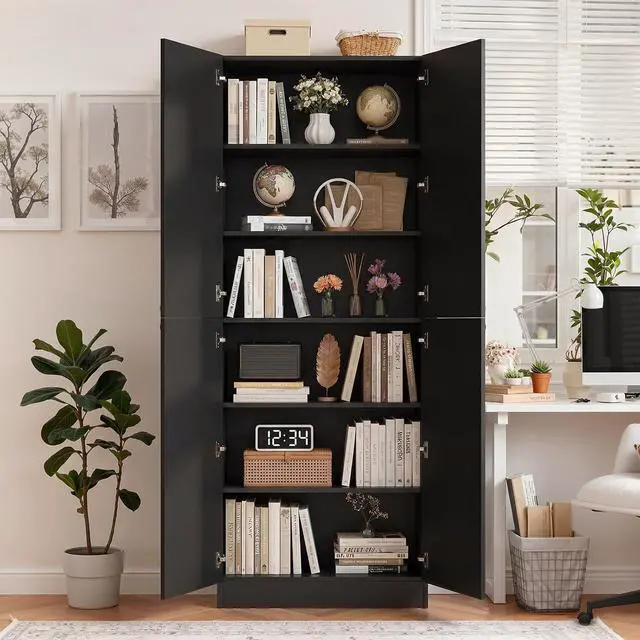 Alt view image 4 of 7 - 80" Storage Cabinet, Tall Arched Bookcase with 4 Soft Close Doors, 6-Tier Wooden Pantry with Adjustable Shelves, Seamless Fit Wall for Home Office, Living Room, Kitchen (Black)