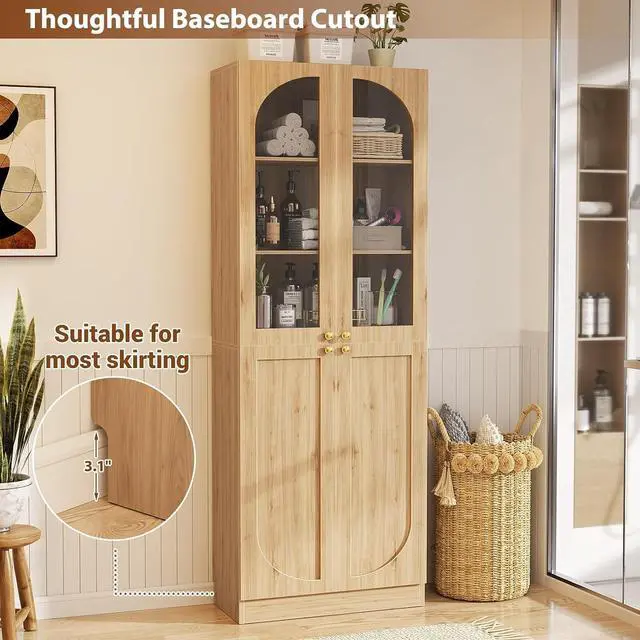 Alt view image 6 of 7 - 80" Kitchen Pantry, Tall Arch Storage Cabinet with Tempered Glass & Soft Close Doors, Freestanding Wood Floor Cupboard Bookcase with Seamless Fit Wall for Dining Room, Living Room, Bathroom