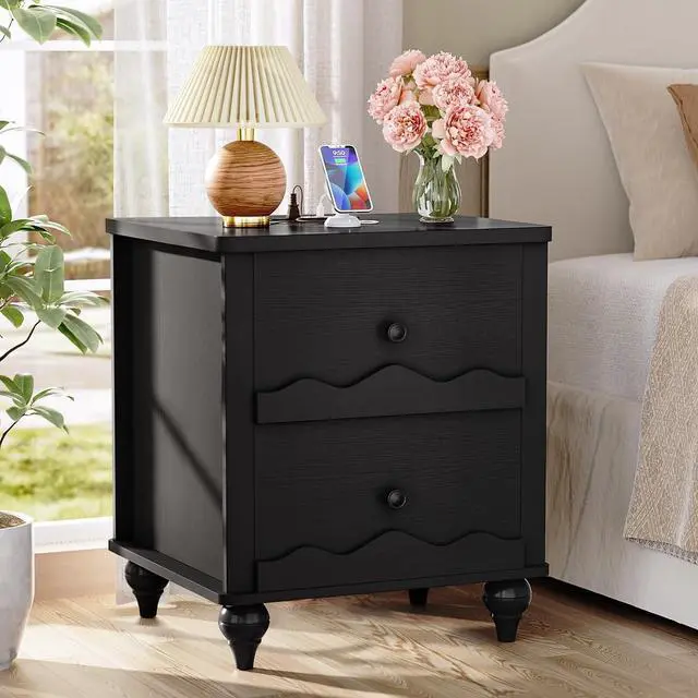Main image of Black Nightstand with Charging Station, Scalloped Bedside Table with 2 Smooth Drawers, Modern End Table with Solid Wood Legs for Bedroom and Small Spaces