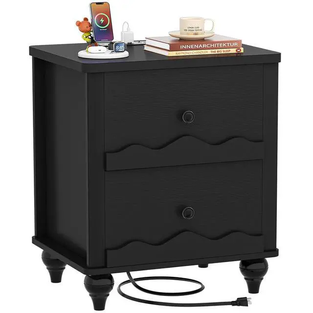 Alt view image 3 of 7 - Black Nightstand with Charging Station, Scalloped Bedside Table with 2 Smooth Drawers, Modern End Table with Solid Wood Legs for Bedroom and Small Spaces