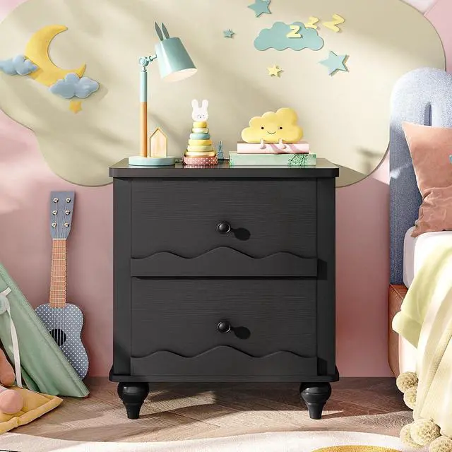 Alt view image 4 of 7 - Black Nightstand with Charging Station, Scalloped Bedside Table with 2 Smooth Drawers, Modern End Table with Solid Wood Legs for Bedroom and Small Spaces