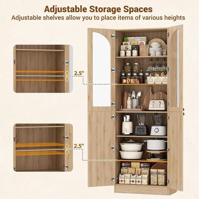 Alt view image 7 of 7 - 80" Kitchen Pantry, Tall Arch Storage Cabinet with Tempered Glass & Soft Close Doors, Freestanding Wood Floor Cupboard Bookcase with Seamless Fit Wall for Dining Room, Living Room, Bathroom