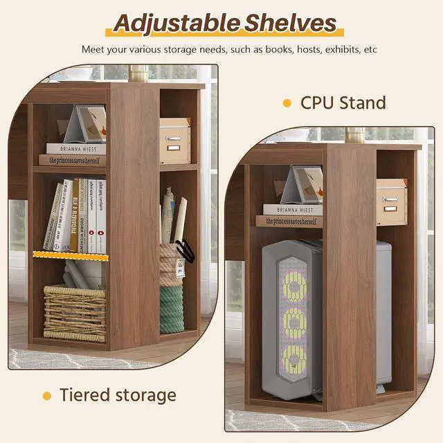 Alt view image 6 of 7 - 63" Farmhouse L Shaped Desk with Drawers & Storage Shelves, Executive Home Office Desk with Power Outlets & LED Lights, Wood Corner Desk with Monitor Stand, File Drawer, Printer Shelf, Brown