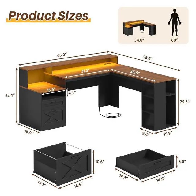 Alt view image 2 of 7 - Farmhouse 63" L Shaped Desk with Drawers & Storage Shelves, Black L Shaped Executive Desk with Power Outlets & LED Lights, Home Office Desks with File Drawer, Monitor Stand, Brown & Black