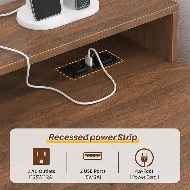 Alt view image 7 of 7 - 63" Farmhouse L Shaped Desk with Drawers & Storage Shelves, Executive Home Office Desk with Power Outlets & LED Lights, Wood Corner Desk with Monitor Stand, File Drawer, Printer Shelf, Brown