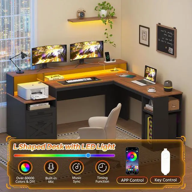 Alt view image 4 of 7 - Farmhouse 63" L Shaped Desk with Drawers & Storage Shelves, Black L Shaped Executive Desk with Power Outlets & LED Lights, Home Office Desks with File Drawer, Monitor Stand, Brown & Black