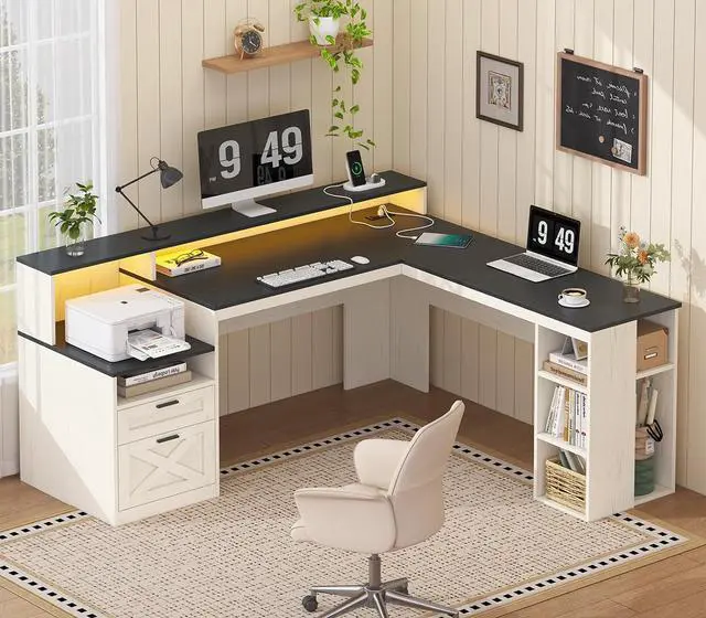 Main image of Farmhouse 63" L Shaped Desk with Drawers & Storage Shelves, Wood Corner Desk with Power Outlets & LED Lights, Home Office Desks with File Drawer, Printer Shelf, Monitor Stand, Black & White
