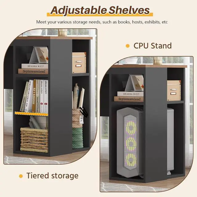 Alt view image 7 of 7 - Farmhouse 63" L Shaped Desk with Drawers & Storage Shelves, Black L Shaped Executive Desk with Power Outlets & LED Lights, Home Office Desks with File Drawer, Monitor Stand, Brown & Black