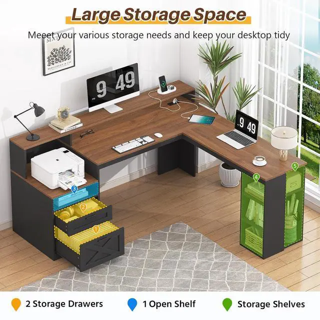 Alt view image 3 of 7 - Farmhouse 63" L Shaped Desk with Drawers & Storage Shelves, Black L Shaped Executive Desk with Power Outlets & LED Lights, Home Office Desks with File Drawer, Monitor Stand, Brown & Black