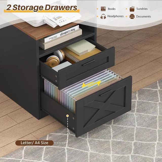 Alt view image 5 of 7 - Farmhouse 63" L Shaped Desk with Drawers & Storage Shelves, Black L Shaped Executive Desk with Power Outlets & LED Lights, Home Office Desks with File Drawer, Monitor Stand, Brown & Black