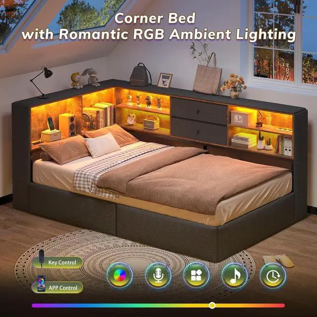 Alt view image 4 of 7 - Twin Corner Bed Frame with Storage Bookcase and 4 Drawers, Upholstered Daybed Twin Size with Charging Station & LED Lights, L-Shape Twin Size Bed Frames Metal Platform Bed for Kids Teenagers, Oak Grey