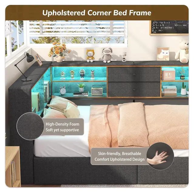 Alt view image 6 of 7 - Twin Corner Bed Frame with Storage Bookcase and 4 Drawers, Upholstered Daybed Twin Size with Charging Station & LED Lights, L-Shape Twin Size Bed Frames Metal Platform Bed for Kids Teenagers, Oak Grey