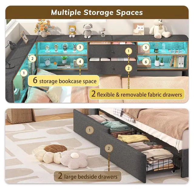 Alt view image 7 of 7 - Twin Corner Bed Frame with Storage Bookcase and 4 Drawers, Upholstered Daybed Twin Size with Charging Station & LED Lights, L-Shape Twin Size Bed Frames Metal Platform Bed for Kids Teenagers, Oak Grey