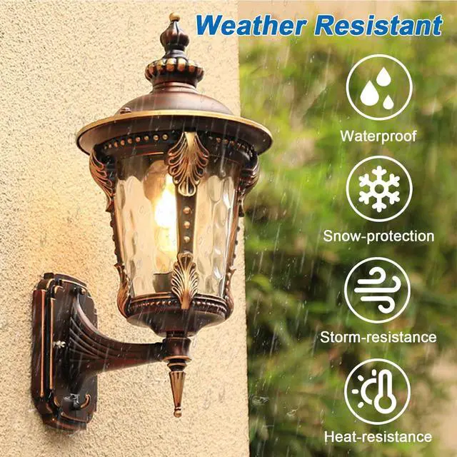 Alt view image 2 of 7 - Outdoor Wall Lights 14.5" Aluminum Exterior Wall Sconce with Water-Patterned Glass European Retro Waterproof Outdoor Lighting Fixtures for Porch Patio Garage Courtyard Hallway Doorway