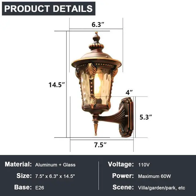 Alt view image 7 of 7 - Outdoor Wall Lights 14.5" Aluminum Exterior Wall Sconce with Water-Patterned Glass European Retro Waterproof Outdoor Lighting Fixtures for Porch Patio Garage Courtyard Hallway Doorway
