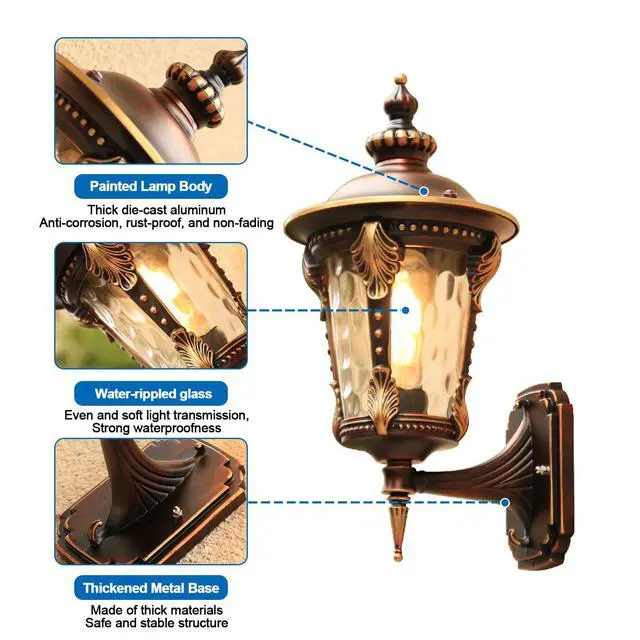 Alt view image 6 of 7 - Outdoor Wall Lights 14.5" Aluminum Exterior Wall Sconce with Water-Patterned Glass European Retro Waterproof Outdoor Lighting Fixtures for Porch Patio Garage Courtyard Hallway Doorway