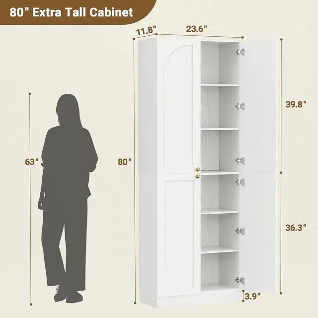 Alt view image 2 of 7 - 80" Kitchen Pantry, Extra Tall Arch Storage Cabinet with 8 Soft Close Doors and Adjustable Shelves, Freestanding Wood Cupboard with Seamless Fit Wall for Dining Living Room Bathroom Furniture