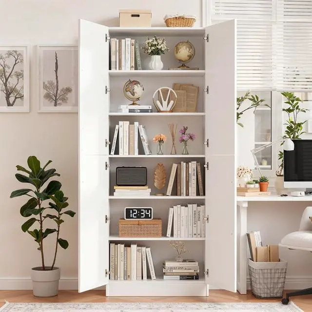 Alt view image 3 of 7 - 80" Storage Cabinet, Tall Arched Bookcase with 4 Soft Close Doors, 6-Tier Wooden Pantry with Adjustable Shelves, Seamless Fit Wall for Home Office, Living Room, Kitchen (White)