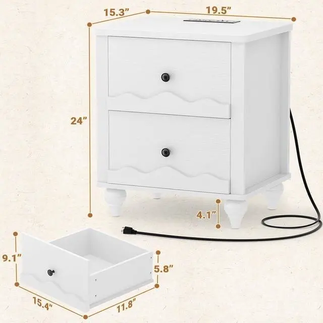 Alt view image 2 of 7 - White Nightstand with Charging Station, Scalloped Bedside Table with 2 Smooth Drawers, Modern End Table with Solid Wood Legs for Bedroom and Small Spaces