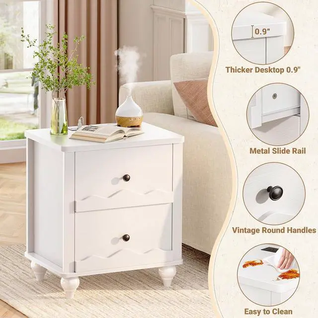 Alt view image 5 of 7 - White Nightstand with Charging Station, Scalloped Bedside Table with 2 Smooth Drawers, Modern End Table with Solid Wood Legs for Bedroom and Small Spaces