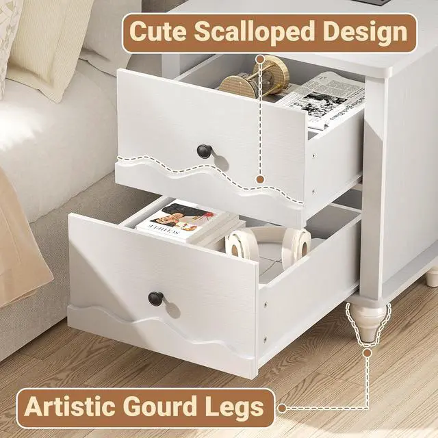 Alt view image 6 of 7 - White Nightstand with Charging Station, Scalloped Bedside Table with 2 Smooth Drawers, Modern End Table with Solid Wood Legs for Bedroom and Small Spaces