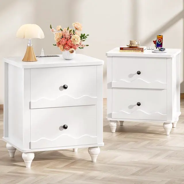Main image of White Nightstand with Charging Station Set of 2, Scalloped Bedside Table with 2 Smooth Drawers, Modern End Table with Solid Wood Legs for Bedroom and Small Spaces