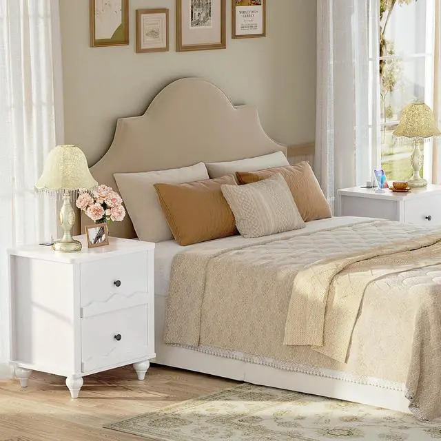 Alt view image 3 of 7 - White Nightstand with Charging Station Set of 2, Scalloped Bedside Table with 2 Smooth Drawers, Modern End Table with Solid Wood Legs for Bedroom and Small Spaces