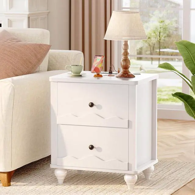 Alt view image 7 of 7 - White Nightstand with Charging Station Set of 2, Scalloped Bedside Table with 2 Smooth Drawers, Modern End Table with Solid Wood Legs for Bedroom and Small Spaces