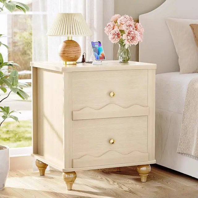 Main image of Natural Wood Nightstand with Charging Station, Scalloped Bedside Table with 2 Smooth Drawers, Modern End Table with Solid Wooden Legs for Bedroom and Small Spaces