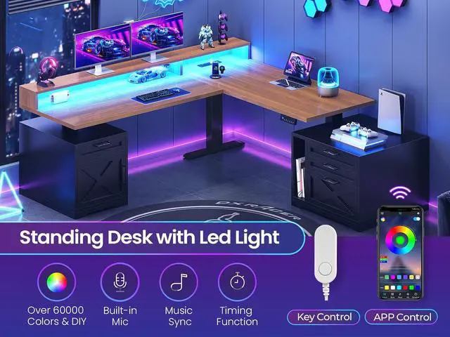 Alt view image 7 of 7 - Farmhouse L Shaped Standing Desk, 70.1" x 73.2" Height Adjustable Home Office Executive Desk with Drawers, Power Outlet, Monitor Stand, Sit Stand Table with Led Lights for Home Office, Black
