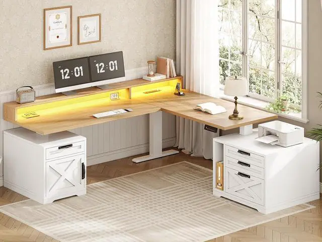 Main image of Farmhouse L Shaped Standing Desk, 70.1" x 73.2" Height Adjustable Home Office Executive Desk with Drawers, Power Outlet, Monitor Stand, Sit Stand Table with Led Lights for Home Office, Oak