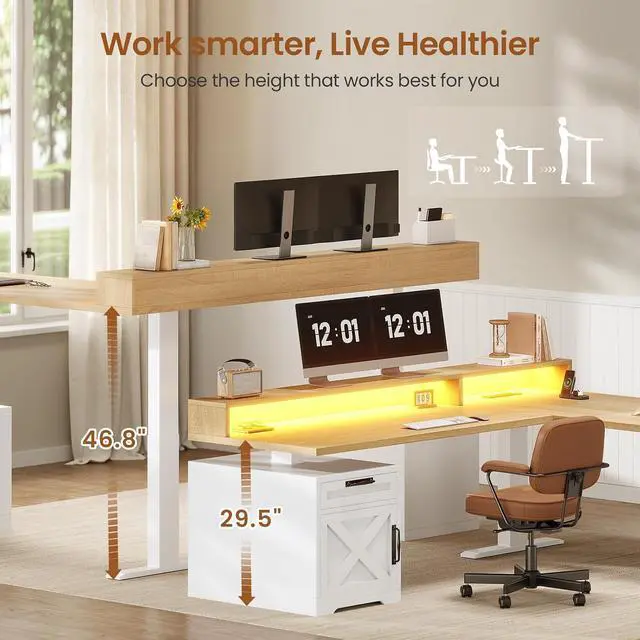 Alt view image 3 of 7 - Farmhouse L Shaped Standing Desk, 70.1" x 73.2" Height Adjustable Home Office Executive Desk with Drawers, Power Outlet, Monitor Stand, Sit Stand Table with Led Lights for Home Office, Oak