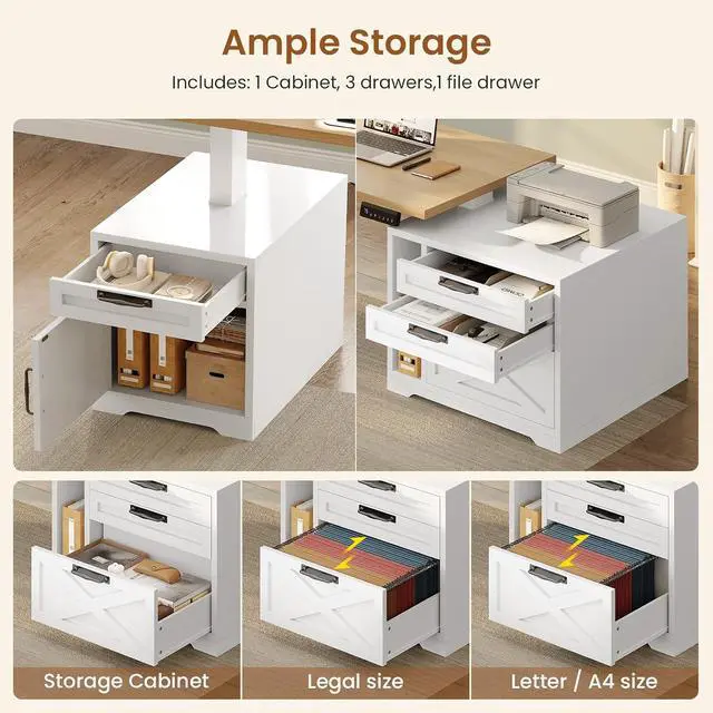 Alt view image 4 of 7 - Farmhouse L Shaped Standing Desk, 70.1" x 73.2" Height Adjustable Home Office Executive Desk with Drawers, Power Outlet, Monitor Stand, Sit Stand Table with Led Lights for Home Office, Oak