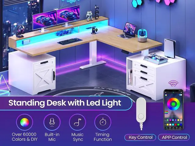 Alt view image 7 of 7 - Farmhouse L Shaped Standing Desk, 70.1" x 73.2" Height Adjustable Home Office Executive Desk with Drawers, Power Outlet, Monitor Stand, Sit Stand Table with Led Lights for Home Office, Oak