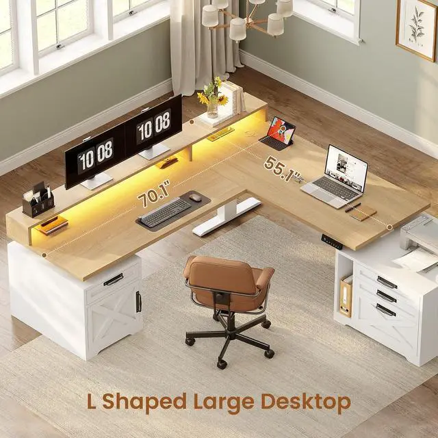 Alt view image 5 of 7 - Farmhouse L Shaped Standing Desk, 70.1" x 73.2" Height Adjustable Home Office Executive Desk with Drawers, Power Outlet, Monitor Stand, Sit Stand Table with Led Lights for Home Office, Oak