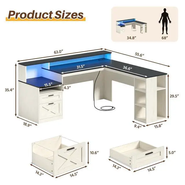 Alt view image 2 of 7 - Farmhouse 63" L Shaped Desk with Drawers & Storage Shelves, Wood Corner Desk with Power Outlets & LED Lights, Home Office Desks with File Drawer, Printer Shelf, Monitor Stand, Black & White