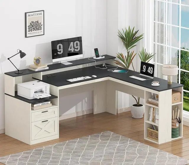 Alt view image 3 of 7 - Farmhouse 63" L Shaped Desk with Drawers & Storage Shelves, Wood Corner Desk with Power Outlets & LED Lights, Home Office Desks with File Drawer, Printer Shelf, Monitor Stand, Black & White