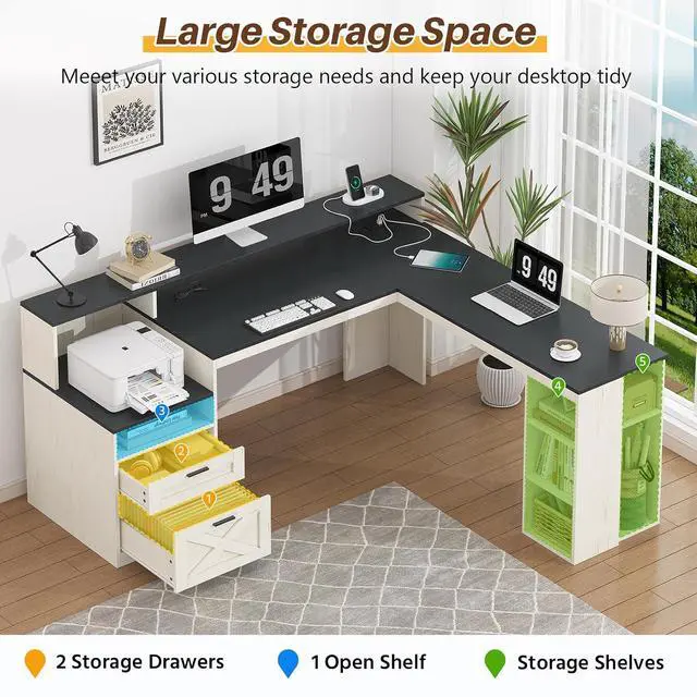 Alt view image 4 of 7 - Farmhouse 63" L Shaped Desk with Drawers & Storage Shelves, Wood Corner Desk with Power Outlets & LED Lights, Home Office Desks with File Drawer, Printer Shelf, Monitor Stand, Black & White