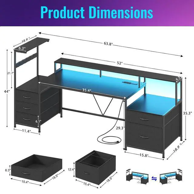 Alt view image 2 of 7 - 63" Gaming Desk with LED Lights & Outlets, Reversible Computer Desk with 5 Drawers & Printer Shelf, Gamer Desk Table with Storage Shelves & Monitor Stand, Black