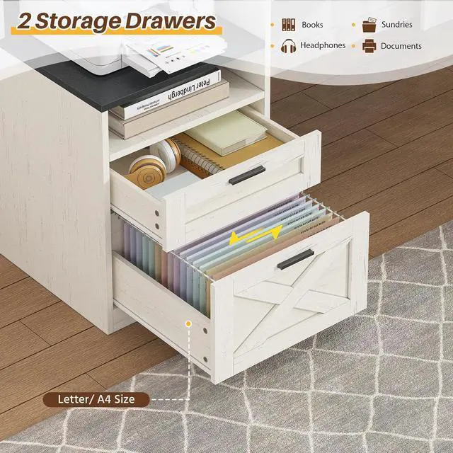 Alt view image 5 of 7 - Farmhouse 63" L Shaped Desk with Drawers & Storage Shelves, Wood Corner Desk with Power Outlets & LED Lights, Home Office Desks with File Drawer, Printer Shelf, Monitor Stand, Black & White