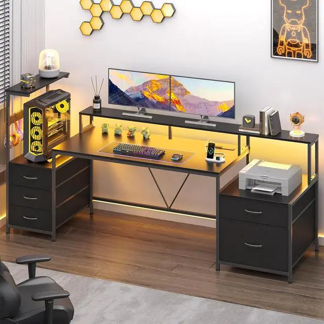 Alt view image 3 of 7 - 63" Gaming Desk with LED Lights & Outlets, Reversible Computer Desk with 5 Drawers & Printer Shelf, Gamer Desk Table with Storage Shelves & Monitor Stand, Black
