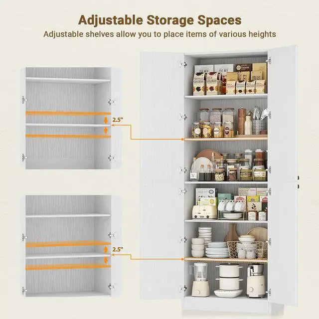 Alt view image 6 of 7 - 80" Kitchen Pantry, Extra Tall Arch Storage Cabinet with 8 Soft Close Doors and Adjustable Shelves, Freestanding Wood Cupboard with Seamless Fit Wall for Dining Living Room Bathroom Furniture