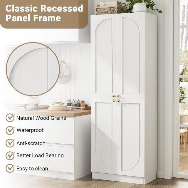 Alt view image 5 of 7 - 80" Kitchen Pantry, Extra Tall Arch Storage Cabinet with 8 Soft Close Doors and Adjustable Shelves, Freestanding Wood Cupboard with Seamless Fit Wall for Dining Living Room Bathroom Furniture