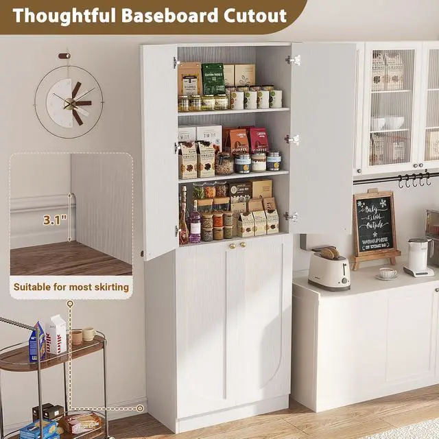 Alt view image 4 of 7 - 80" Kitchen Pantry, Extra Tall Arch Storage Cabinet with 8 Soft Close Doors and Adjustable Shelves, Freestanding Wood Cupboard with Seamless Fit Wall for Dining Living Room Bathroom Furniture