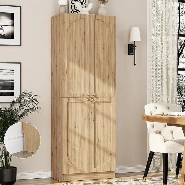 Main image of 80" Storage Cabinet, Tall Arched Bookcase with 4 Soft Close Doors, 6-Tier Wooden Pantry with Adjustable Shelves, Seamless Fit Wall for Home Office, Living Room, Kitchen (Natural)