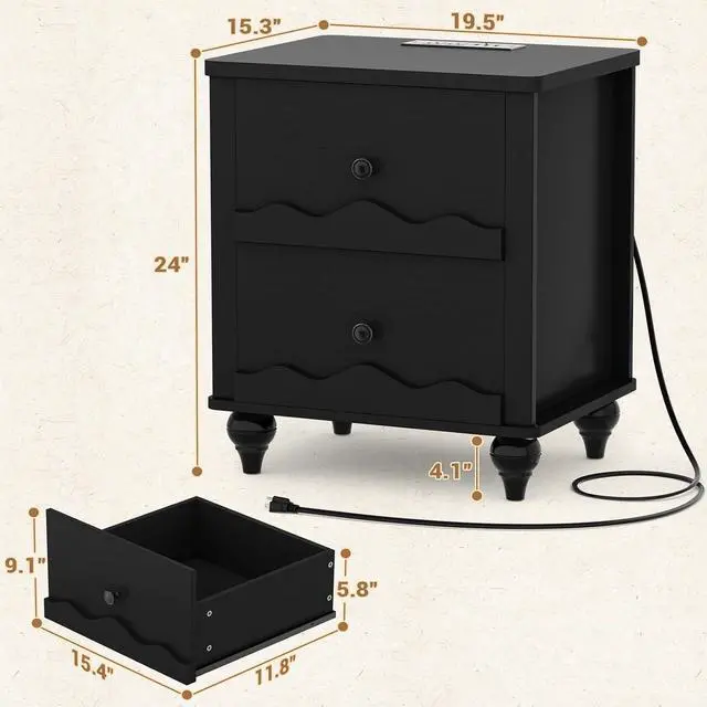Alt view image 2 of 7 - Black Nightstand with Charging Station Set of 2, Scalloped Bedside Table with 2 Smooth Drawers, Modern End Table with Solid Wood Legs for Bedroom and Small Spaces