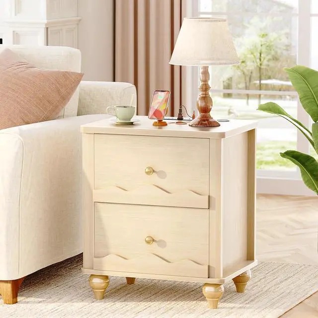 Alt view image 7 of 7 - Natural Wood Nightstand with Charging Station, Scalloped Bedside Table with 2 Smooth Drawers, Modern End Table with Solid Wooden Legs for Bedroom and Small Spaces