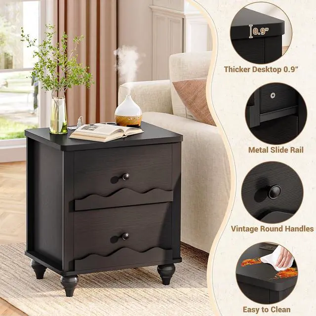 Alt view image 4 of 7 - Black Nightstand with Charging Station Set of 2, Scalloped Bedside Table with 2 Smooth Drawers, Modern End Table with Solid Wood Legs for Bedroom and Small Spaces